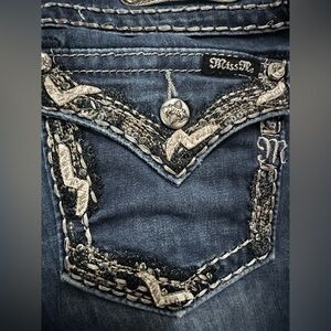 Miss Me Skinny Jeans Dark Wash Rhinestone Flap Pockets 31” Inseam